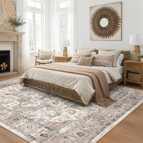 8x8 Square Area Rug: Washable Tea Brown Area Rug for Living Room by ZUNTKON