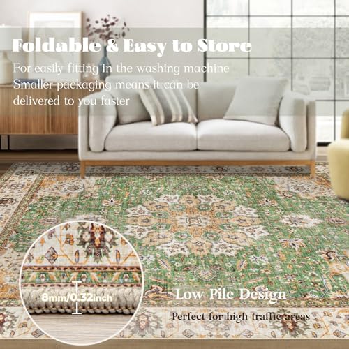 Area Rug 6x9 Washable Rug, Vintage Boho Medallion Rugs Non-Slip Soft Low Pile Large Distressed Rug Indoor Retro Carpet for Living Room Bedroom Dining Room Home Office (Vintage Green, 6'x9') - Image 6