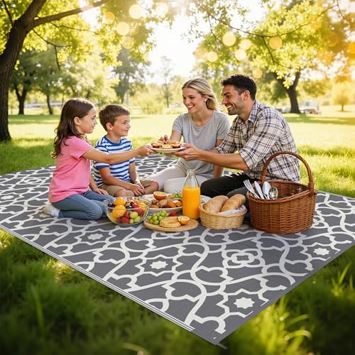 HEBE Waterproof Outdoor Rug 6'x9', Geometric Reversible Plastic Patio Rug - Image 3