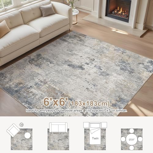 UERMEI Square Area Rugs : Washable 6x6 Neutral Modern Abstract Carpet for Living Room Bedroom - Soft Floor Mat with Non Slip Backing for Kitchen Nursery Dorms Farmhouse Home Decor - Blue Grey - Image 4