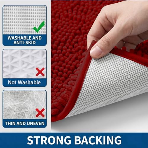 Bathroom Rugs Sets 2 Piece,Super Absorbent Chenille Bath Mats and U-Shaped Toilet Rug,Strong PVC Non Slip Backing,Microfiber Washable Dry Quickly Bath Mats for Bathroom(20"x32"+20"x20"U,Dark Red) - Image 5