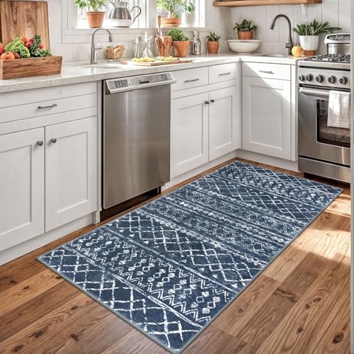 KUTA 3x5 Entryway Rug Navy Blue Vintage Boho Washable Area Rug - Image 2