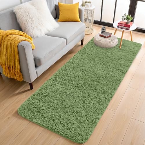 OLANLY 2x8 Machine Washable Runner Rugs for Hallway, Soft Fluffy Shaggy Bedside Rugs for Bedroom, Living Room, Indoor Floor Carpet for Kids Girls and Boys, Home Decor Aesthetic, Green by OLANLY