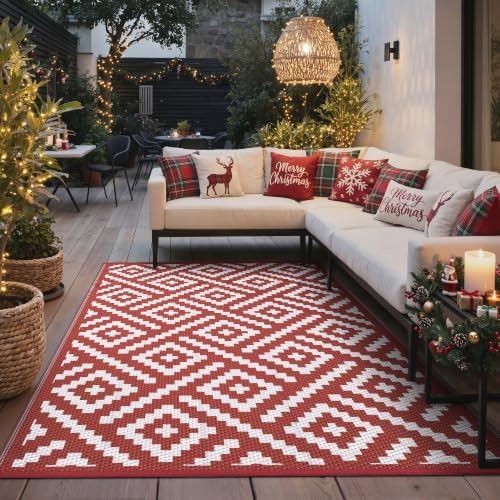 GENIMO Outdoor Rug, Waterproof Plastic Rugs for Patio, 8'x10' Red White - Image 6
