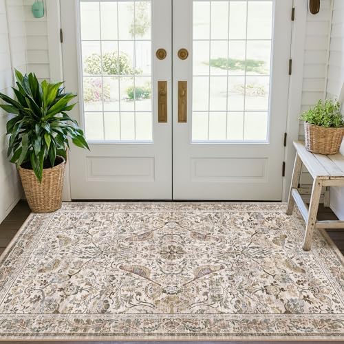 Washable 3x5 Moss Large Entryway Rugs - Low Pile Soft Boho Area Rug for Bedroom Beside Bed, Laundry, Non Slip Floral Kitchen Mat for Floor, Vintage Botanical Design Stain Resistant Carpet by HazoHaus