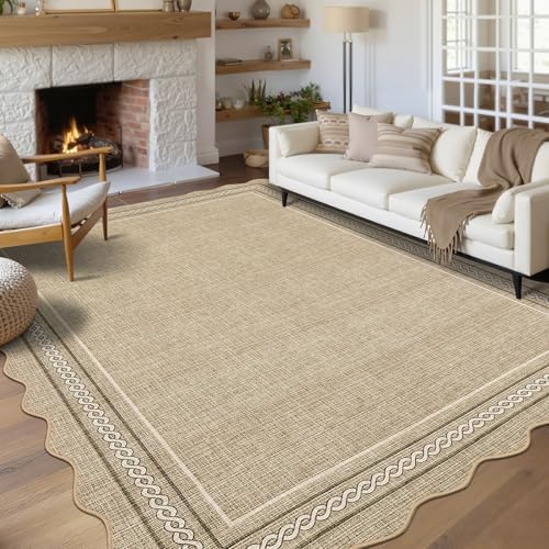 GarveeHome Scalloped Washable 8x10 Area Rug for Living Room Non Slip, Jute by GarveeHome