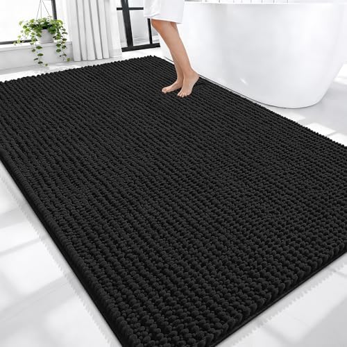 OLANLY Thick Chenille Large Bathroom Rugs 70x46, Absorbent Bath Mat, Black by OLANLY