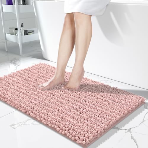 Yimobra Long Bathroom Rugs Non Slip Washable 44x24 Inch - Ultra Soft Absorbent Chenille Bath Mat, Quick Dry Shaggy Floor Carpet for Tub Shower, Light Pink Home Decor Accessories by Yimobra