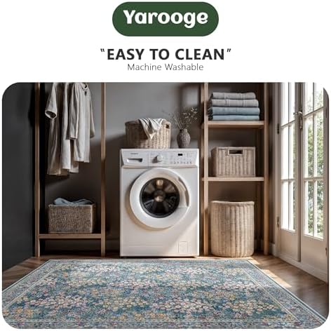 9x12 Large Area Rugs, Machine Washable Low Pile Floral Rugs for Living Room, Bedroom, Boho Style with Non-Slip Backing Nursery Rug(Blue Floral) - Image 5