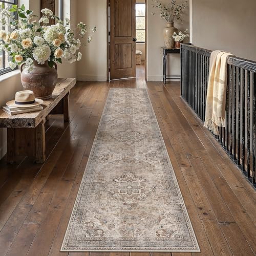 PureCozy Brown Runner Rug 2x12 Hallway Vintage Floral Non-Slip Carpet - Image 2
