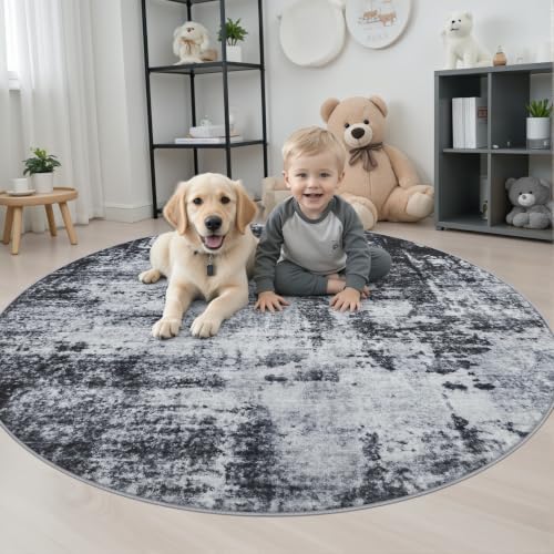 Round Area Rug Living Room: 4 ft Modern Washable Carpet Dark - Image 3