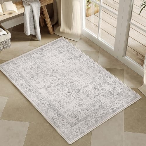 PureCozy Gray Entryway Area Rug 2x3 Vintage Floral by PureCozy