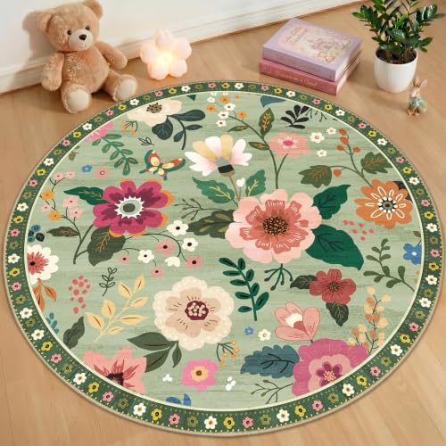 RELEANY Floral Washable Round 4ft Area Rug LightGreen by RELEANY