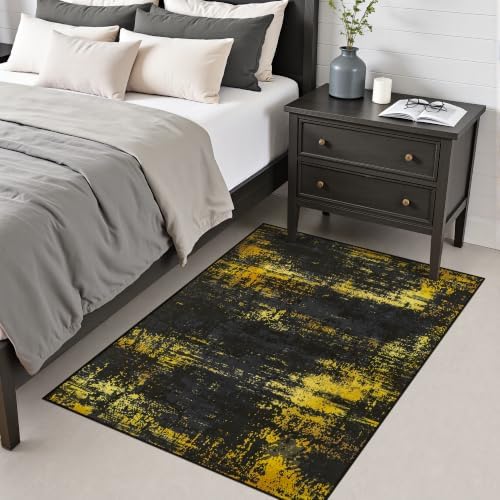 Area Rug Living Room: 3x5 Modern Washable Soft Carpet Black Gold - Image 4