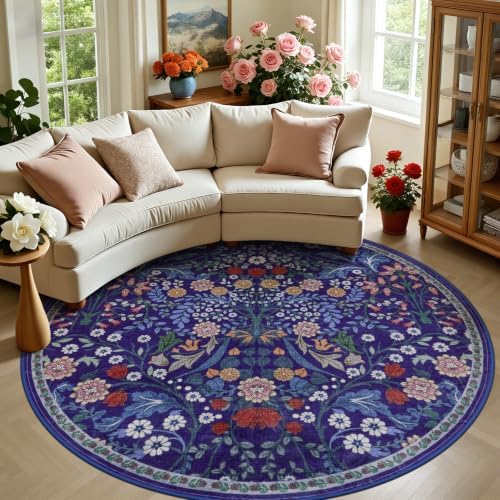 PLHXFR Round Area Rug Living Room: 8 ft Floral Washable Soft Carpet Blue by PLHXFRSoftAreaRugs