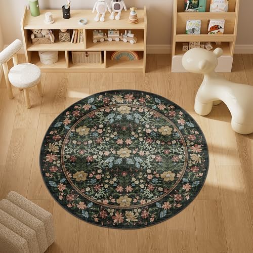 DUKINO 4ft Round Rug, Washable Vintage Floral Area Rug for Bedroom, Black - Image 3