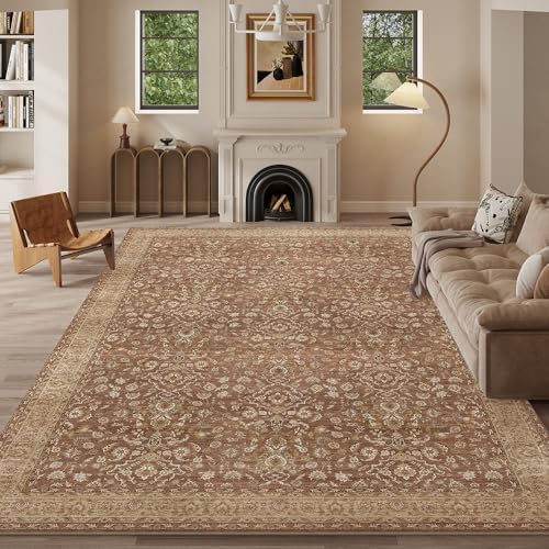 8x10 Reddish Brown Washable Area Rug for Living Room, Vintage Print by Unknown