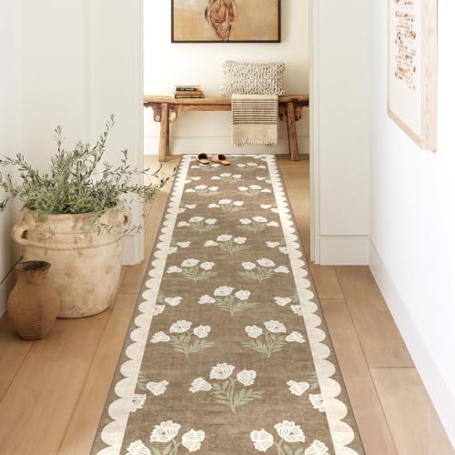 Non Slip Washable Hallway Runner Rug - 2x10 Long Tan Kitchen Runner Rug Soft Boho Runners for Hallways Cottage Floral Scalloped Area Rug for Bedroom Entryway Foyer Bathroom Double Vanity Decor by Othilic