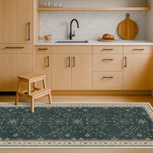 Hazo Haus Dark Green 2x8 Non Slip Kitchen Runner Rugs - Modern Vintage Boho Eclectic Floral Pattern, Washable Low Pile Non-Slip 8ft Long Runner Rugs for Hallway, Entrance by HazoHaus