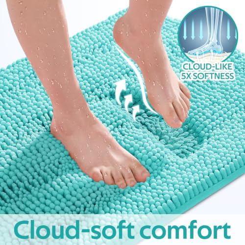 ACCUMTEK Striped Teal Green Bathroom Rug Set 3 Pieces Ultra Soft, Non Slip Chenille Toilet Mat, Absorbent Plush Shaggy Bath Mats for Bathroom, Bedroom, Kitchen, Turquoise - Image 4