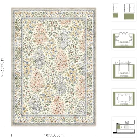 10x14 Large Area Rugs, Machine Washable Low Pile Floral Rugs for Living Room, Bedroom, Boho Style with Non-Slip Backing Nursery Rug(Beige Floral) - Image 2