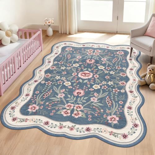 Scalloped Floral Rug 5x7, Dusty Blue Washable Non Slip Area Rug for Girls Bedroom,Soft Low Pile Vintage Carpet for Nursery, Dorm, or Living Room by Dadasgk