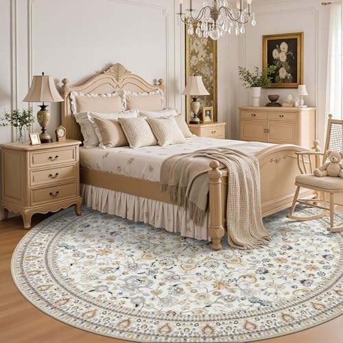 Round Area Rug for Living Room: 4ft Washable Rug for Bedroom Beige - Image 4