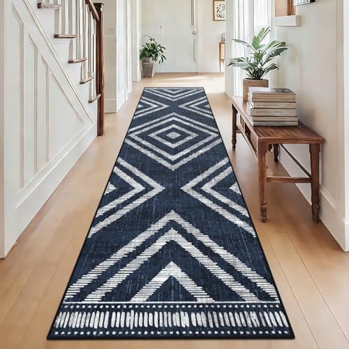 2x10Ft Boho Hallway Rug Runners Non Slip, Navy Blue Geometric Washable Kitchen Runner Rugs, Soft Thin Modern Farmhouse Entrance Floor Carpets for Entryway Doorway Bedroom Home Decor by Geanlod