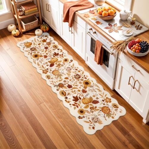 2x6 Fall Floral Kitchen Rugs: Washable Pumpkin Holiday Door Mat Beige-Gold - Image 5