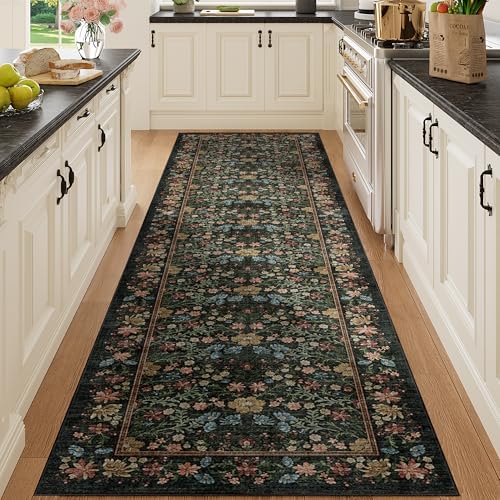 DUKINO 3x6 Kitchen Runner Rug, Washable Vintage Floral Area Rug, Black by DUKINO