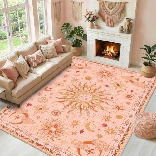 Vacuum-Friendly, 9x12 Washable Area Rug, Pink Gold Beige Red by meejou