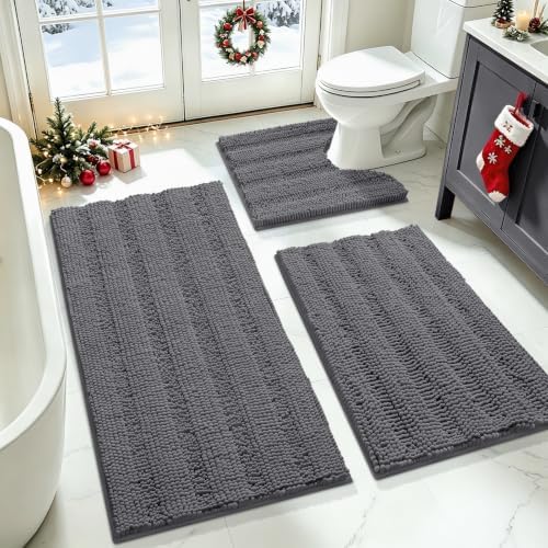 ACCUMTEK Striped Grey Bathroom Rug Set 3 Pieces Gray Ultra Soft, Non Slip Chenille Toilet Mat, Absorbent Plush Shaggy Bath Mats for Bathroom, Bedroom, Kitchen, Charcoal by ACCUMTEK