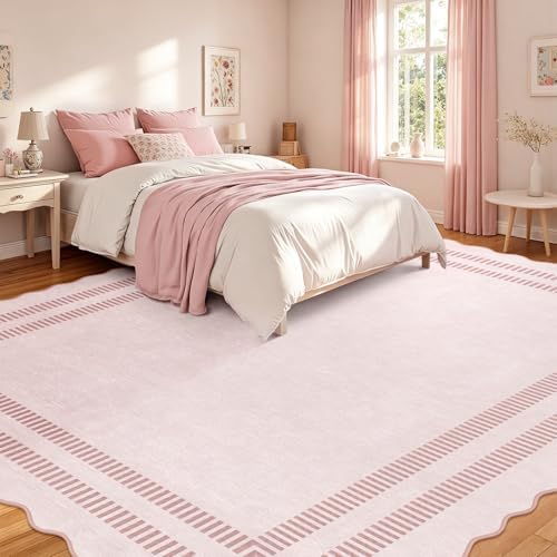 Pink Rugs for Living Room 9x12, Machine Washable Scalloped Area Rugs for Bedroom Girls, Non Slip Ultra-Thin Low-Pile Carpet for Playroom Nursery Kids Room - Image 3