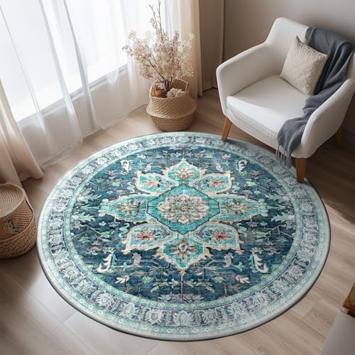 BESTSWEETIE Washable Boho Round 6ft Area Rug, Living Room, Teal Dark Green - Image 2