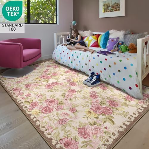 Washable 5x8 Area Rug, Cream Boho Floral Non-Slip for Living Room, Bedroom - Image 3