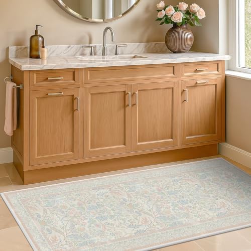 Soft Washable Runner Rug 2x6 Non Slip for Girls Bedroom, Laundry Room Rug, Kitchen, Bathroom, Floral Light Pink and Blue Stain Resistant Floor Runner Carpet Low Pile with Rubber Backing - Image 3