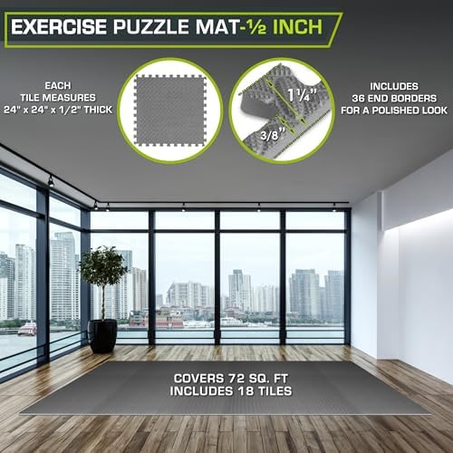 ProsourceFit Exercise Puzzle Mat 1/2-inch, EVA Interlocking Foam Floor Tiles for Home Gym, Workout Equipment, Kids Play Areas, Gray, 72 SQ FT - 18 Tiles - Image 2