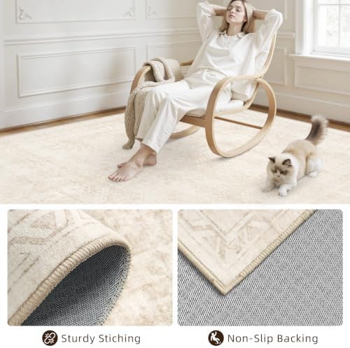Area Rugs 9x12 Living Room: Bedroom Neutral Washable Carpet Beige - Image 4