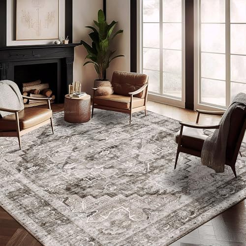 CHAMPLANT Washable Area Rug 10'x14' Deep Khaki Retro Flowers Boho Design Non-Shedding Easy Care Ideal for High Traffic Areas in Living Room Bedroom Office Coffee Table Kitchen Large Carpet by CHAMPLANT