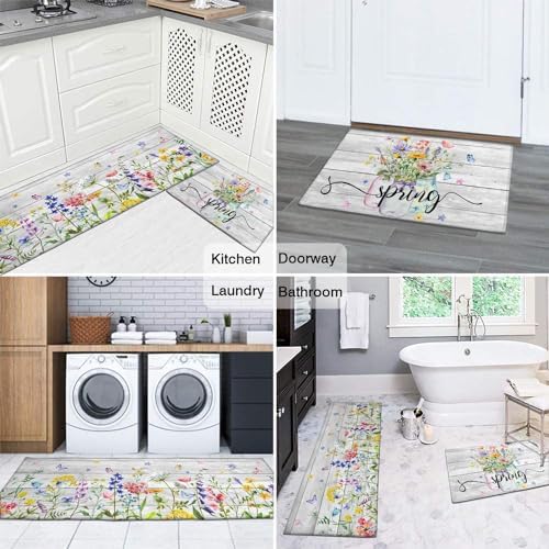 Spring Kitchen Rug Set of 2,Non-Slip Washable Kitchen Mats,Wood Grain Floral Kitchen Mats,Spring and Summer Holiday Decorations for Home Kitchen,17x30+17x47 Inch - Image 7