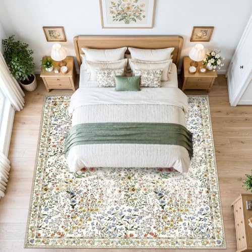 9x9 Square Area Rug Living Room, Non-Slip Floral Washable 8ft Square Rug Low Pile Thin Indoor Carpets for Dining Room Bedroom Office High Traffic Area Boho Vintage Home Decor (9ft Square, Beige) - Image 5