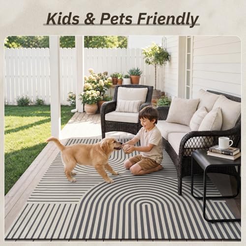 AMOAMI Outdoor Rug Patio Rug 6x9 ft Quick Dry Flatweave Textured Machine Washable Outdoor Carpet with Rubber Particles Backing Boho Outdoor Area Rug for Patio Deck Front Porch Balcony Greyish Black - Image 2