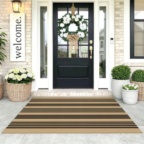 KOZYFLY 3'x5' Striped Area Rug, Brown and Black Woven Cotton Outdoor Rug by KOZYFLY