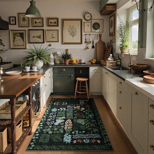 Zealude Floral Boho 3x5 Black Bathroom Entryway Kitchen Rug Non Slip Washable, Botanical Flower Area Rugs for Bedroom, Soft Modern Indoor Throw Carpet for Laundry Living Room Entrance (Black,3 x 5) - Image 4