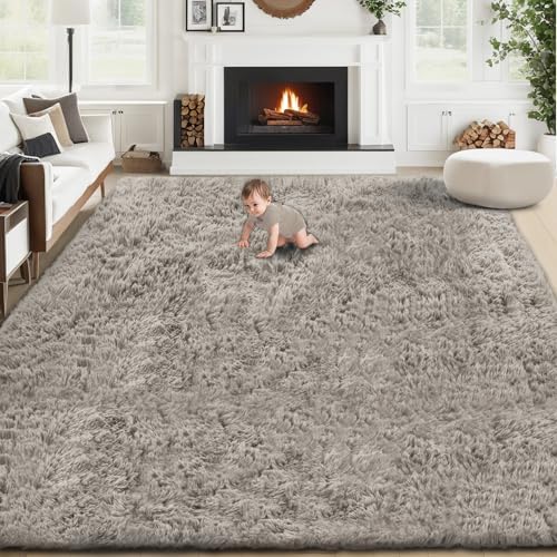 8x10 Area Rugs for Living Room: Fluffy Shag Soft Washable Rug Large Fuzzy Plush Indoor Carpet for Bedroom Nursery Playroom Kids Girls Boys Room (Grey Camel, 8'x10') by VECARF