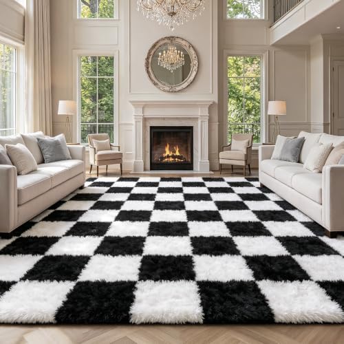 Large Area Rugs for Living Room Bedroom,9x12 Black and White Fluffy Soft Checkered Rug Fuzzy Shag Shaggy Carpet,Indoor Plush Floor Rugs for Teen Dorm Home Decor by Boshengya