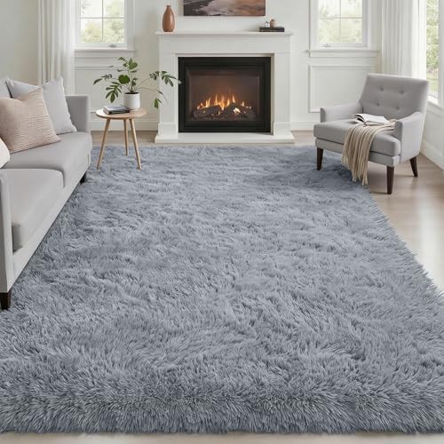 Area Rug Living Room Bedroom: 4x6 Fluffy Plush Shag Carpet Gray by Luxturiy