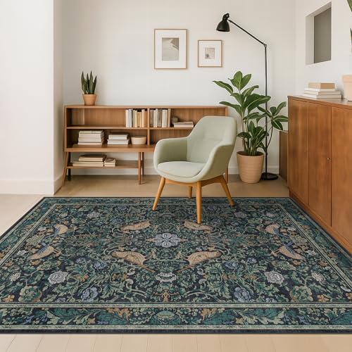Cottagecore 5x8 Throw Rugs for Living Room, Washable Forest Rugs for Dining Room, Non Slip 5 by 8 Bedroom Under Bed, Low Pile Soft Carpet (Navy Blue & Deep Teal) by HazoHaus
