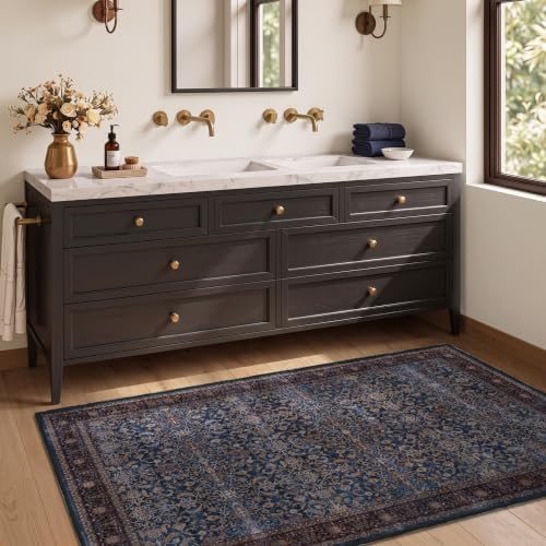 Washable Small Area Rug 3'x4' Entryway, Vintage Old Money, Dark Blue - Image 4