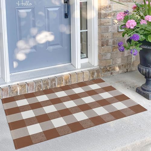 KILOCOCO Buffalo Plaid Checkered Rug 27.5x43 in Brown White Front Door Rug by Kilococo